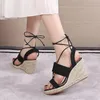 Sandals Summer Round Toe Slope Heel Thick Bottom Lace Up High With Grass Woven Rope For Comfort Zapatos