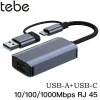 Hubs Tebe USB 3.0 Gigabit Ethernet Adapter USBA+USBC till 10/100/1000 Mbps RJ45 Nätverkskort för MacBook iPad Lenovo Xiaomi Nintendo