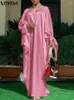 Casual Dresses VONDA Elegant Satin Dress 2024 Women Summer Party Sundress Bohemian Long Sleeve Solid Color Vestidos Robe Femme