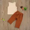 Zestawy odzieży 2PCS 1-6y Toddler Małe dziewczynki strój Summer Solid Kolor okrągły kołnierz kamizel Browna dziewiąte spodnie