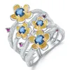 Küme halkaları doğal Londra mavi topaz erik çiçeği çiçek mükemmel el yapımı parmak gümüş tasarım yüzüğü
