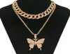 Hip Hop Iced Out Rhinestone Big Butterfly Pingente Colar Chain Chain Conjunto para Mulheres Estações Bling Crystal Animal Cheker Jóias