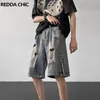 REDDACHIC Men Ripped Denim Shorts with Zipper Slit Vintage Wash Wide Leg Casual Pants Cropped Jeans Jorts Y2k Korean Streetwear 240412