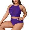 Nouvelle division de taille haute taille po grand bikini maillage de maillots de bain de couleur unie épissée pour les femmes