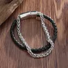 Chain Vintage Hand Braided Leather Link with Magnetic Clasp Stainless Steel Bracelet for Men Bikers Rock Punk Party Jewelry Gifts Y240420