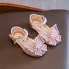 Kids Sequins Sandals Girls Sweet Bow Righestone Princess Shoes Fashion Fashion Not Slip Kids Kids Bottom Sandals Accessorry 1-14Y 240417