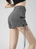 Women's Shorts Zoki Vintage Strtwear Denim Cargo Shorts Women Harajuku Sexy High Waist Grey Shorts Slim Lace Up Amercian Retro A Line Shorts Y240420