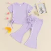 Kläderuppsättningar Little Girls Ribbed Outfits Kort ärm Runda nacke Sidan Drawstring Tops Elastic midjeflare Flare Pants Toddler 2 Piece Summer Set