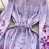Casual Dresses Fashion Dress for Women Stand Print Belt Puff Sleeve Vestidos Female Single Breasted Button French Spring Dropship