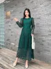 Lässige Kleider Frühling grün/lila/gelb/rot hohl aus Spitzenpartykleid Vintage O-Neck hoher Taille Langarm A-Line Midi Robe mit Gürtel