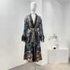 Casual Dresses 2024 Spring Summer Green Floral Print Long Sleeve Diamonds Pressed V-Neck Belt Feather Wrap Kaftan Midi Dress