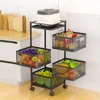 Kitchen Storage 4-Tier Rotating Multi Layer Shelf Square Rack Carbon Steel Fruit Basket Vegetable Snack Stand With Wheels