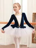 Girls elegant lace dance dress tulle tutu Fall/Winter warm plush long sleeve tutu Childrens tights 240411