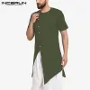 Odzież Inderun Men koszula indyjskie ubrania stałe kolor 2023 Button z krótkim rękawem Vintage Kurtas Streetwear muzułmański nieregularny długie koszule Mężczyźni
