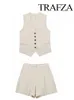 Trafza Femmes Elegant Solid Button Sans manches Shewns Shorts Set Vintage Casual V Neck Chic Vest Vest Office Womens Office Lady Suit 240420