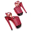 Chaussures de danse Leecabe 23cm / 9inches Leopard Imprimé Pu Small Open Toe Plateforme sexy High Heels Sandals Pole