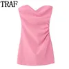 Traf Pink Corset Bodycon Dress Women Off Off Sholt Dresses for Summer Backlessセクシーなミニドレスストラップレスプロムドレス240410