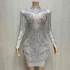 Stage Wear Flashing Crystals Rhinestones Dress Women Tassels Shoulder Evening Dresses White Mesh Birthday Celebrate Costume Outfit