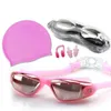 Adult Swimming Suit HD Antifog Goggles Set Waterproof Silicone Nose Clip Earplugs and cap Men 240416