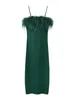 Casual jurken 2024 Bazaleas Store damesgroene veer lange sexy spleet satijnen jurk avondfeest midi officieel