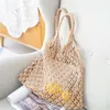 Drawstring Cotton Rope Woven Women's Handbag Handmade Knitted Mesh Bag Bohemian Summer Straw Beach Female Hollow Tote Net Shoulder Bags