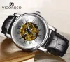 Kits Vigoroso Mechanical Watch Men Black Brown Leather rostfritt stål Case Skeleton Gold Movement Brand Wristwatch Relojes Masculino