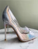 مصمم غير رسمي للأزياء نساء حذاء فضي براءة اختراع مثيرة PVC Crystal Strass Point Toe Thin High Heels Pumps 10cm 8cm Stiletto1997379