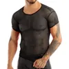 Men's Tank Tops Fashion Mesh See-Through Vest Solid Color O-neck Fishnet T-Shirt Muscle Crop Clubwear Stage Men Clothing