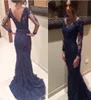 Navy Blue Lace Prom Dress With Sheer Illusion Neckline Long Sleeve Evening Dresses Mermaid Covered Low Back Party Gown Dinner Dres2175690