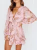 Abiti corti a V Deep V Neck For Women Stampare Ruffles Beach Pareo Holiday Boho Sexy Fmale Abito a manica lunga Vestido 240422