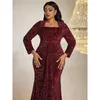 Casual Dresses Women Red Long Sleeve Sequare Collar Sequin Party Wear Evening Cocktail Formell tillfälle Mermaid Dress 4XL 2024