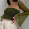 Women's T Shirts Xeemilo Aesthetic Vintage Women 2 Piece Sets Green Strapless Tank Top With Sexy Mesh Sheer Flare Long Sleeve Shawl Street