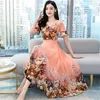 Party Dresses Summer Boho Chiffon Beach Long Dress Women Elegant Flower Print Short Sleeve V-Neck Evening Maxi Vestidos