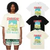 남자 Tshirts Rhude Tshirt Castle Coconut Tree Windowsill Scenic Casual Loose Loysable Sleeve T 셔츠 남성 여성 커플 탑