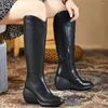 Boots Women Genuine Leather Chunky High Heels Knee Female Thigh Winter Pointed Toe Platform Pumps Shoes Casual