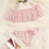 Zestawy biustonosze seksowne bieliznę Kobieta stanik stanik See przez egzotyczną bieliznę Babydoll Lingerie Floral Off ramię Balette Ruffle zmysłowy