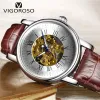 Kits Vigoroso Mechanical Watch Men Black Brown Leather rostfritt stål Case Skeleton Gold Movement Brand Wristwatch Relojes Masculino