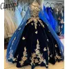 Granatowy słodki 16 sukienka Quinceanera z Cape Spaghetti Paspaty Aplikacje Księżniczki Party Suknia Vestidos de 15 anos