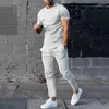 Men's Tracksuits Summer Round Neck Short Sleeve T-Shirt Solid Color Two-piece Sets Sports Loose Waist Lace-up Long Pants Male Casual Suits