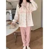 Herz Nachtwäsche Frauen Pyjama Sets Rüschen Hosen 2 Stück Square Kragen Piiama Koreaner Vollhülsen Frühling Nacht trägt Home -Anzug 240410