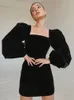 Mnealways18 Evening Puff Sleeve Womens Velvet Dress Winter Black Sexy Bodycon Dress Square Collar Formal Dresses Elegant 2024 240420