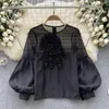 女性のブラウス2024 Blusas Mujer de Moda Sweet O Women Temperament Puff Sleeve Tops Fashion Chic 3D Floral Roose