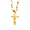 Hangende kettingen k vaste fijne geel goud gf heren Jezus Crucifix kruis frame 3 mm Italiaanse figaro link ketting ketting 60cmpendant264j