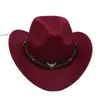 Bérets Roll Brim Western Cowboy Chapeau de soleil Cap de soleil Style de la tête et de la tête de tête Tibétain Top tibétain avec un groupe de vache Felt Cowgirl Women