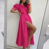 Party Dresses Summer Classic Dress Elegant Solid O Neck Slit Long Office Ladies Button Up Short Sleeve Holiday For Women 2024
