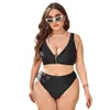 Fat Po Plus Size Solid Bikini Sexy Deep V Zipper Gathering High Waist Swimsuit for Women