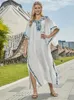 Feestjurken EDOLYNSA Elegant goud geborduurd Long Kaftan Plus Size dames zomer 2024 kleding strandkleding maxi jurk robe sarong Q1480