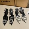 Dress Shoes Aneikeh Shiny Crystal Diamond Button High Heel 2024 Women's Pointed Head Sexy Ankle Buckle Non Slip Party Wedding Pumps