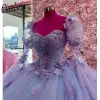 라일락 레이스 Quinceanera 드레스 볼 가운 2024 구슬 아플리케이 긴 소매 달콤한 16 드레스 레이스 업 멍청이 드 15