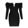 Robes décontractées mode sexy plume slash cou longue manche noire couleur mini robe femme anniversaire fête dame dame vestido